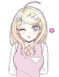  ;p ahoge akamatsu_kaede arms_behind_back breasts collared_shirt danganronpa_(series) danganronpa_v3:_killing_harmony fc_(efushii) female hair_ornament large_breasts limited_palette long_hair musical_note musical_note_hair_ornament necktie one_eye_closed pink_eyes shirt solo star_(symbol) tongue tongue_out upper_body vest 