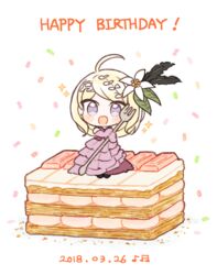  ahoge akamatsu_kaede blonde_hair cake chibi danganronpa_(series) danganronpa_v3:_killing_harmony dated dress fc_(efushii) female flower food fork hair_flower hair_ornament happy_birthday long_hair looking_at_viewer musical_note musical_note_hair_ornament open_mouth pink_dress pink_eyes simple_background smile solo standing white_background white_flower 