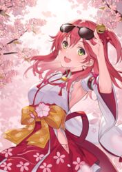  :d absurdres adjusting_eyewear akanebi armpits bell breasts cherry_blossom_print cherry_blossoms detached_sleeves eyewear_on_head female floral_print green_eyes hair_bell hair_ornament highres hololive long_hair looking_at_viewer open_mouth paw_print paw_print_pattern pink_hair sakura_miko sakura_miko_(1st_costume) sideboob sideless_kimono smile solo sunglasses teeth upper_teeth_only virtual_youtuber 