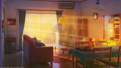  3d air_conditioner arsenixc calendar_(object) clock collaboration commentary_request couch cup day english_commentary highres indoors lamp light_rays lightning love_money_rock&#039;n&#039;roll mixed-language_commentary no_humans original pillow scenery sunbeam sunlight table television tree vvcephei window 