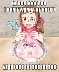  2girls @_@ ahoge anatomical_nonsense baguette bowl bread brown_hair commentary doughnut drill_hair english_text flying_sweatdrops food hair_over_shoulder i_don&#039;t_want_to_be_bread_(meme) idolmaster idolmaster_cinderella_girls image_macro_(meme) impact_(font) long_hair meme motion_lines multicolored_hair multiple_girls objectification ohara_michiru ponytail psycho_orb tears text_background the_shining thought_bubble turn_pale what yumemi_riamu 