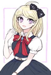  :d ahoge akamatsu_kaede belt black_bow black_dress bow bowtie bracelet breasts collared_shirt cosplay danganronpa_(series) danganronpa_v3:_killing_harmony dress fc_(efushii) female grey_background hand_up jewelry long_hair looking_at_viewer medium_breasts open_mouth pink_eyes puffy_short_sleeves puffy_sleeves red_bow red_bowtie shirt short_sleeves smile sonia_nevermind sonia_nevermind_(cosplay) two-tone_background white_background white_belt 