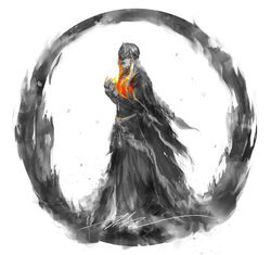  covered_eyes dark_souls_iii dress female fire_keeper hands_up headpiece highres long_hair parted_lips shimhaq signature solo souls_(series) standing white_background 