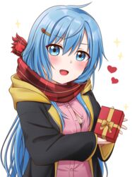  absurdres blue_eyes blue_hair blush breasts button_gap cleavage commentary elie_wayne english_commentary enpera female hair_ornament hairclip heart highres jan_azure large_breasts long_hair long_sleeves looking_at_viewer open_mouth original red_scarf scarf smile upper_body valentine 