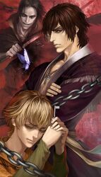  3boys aida_yukimasa bad_link blonde_hair blood blood_on_weapon blue_butterfly brown_eyes brown_hair bug butterfly chains closed_eyes crossed_arms fata_morgana_no_yakata fingernails grin jacopo_bearzatti jewelry jpeg_artifacts katana key key_necklace looking_at_viewer male_focus mell_rhodes moyatarou multiple_boys necklace official_art parted_bangs smile spoilers sword tan wavy_hair weapon 