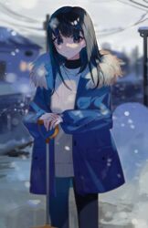  bad_id bad_pixiv_id black_eyes black_hair blue_coat blue_pants blurry blurry_background closed_mouth coat commentary_request day depth_of_field female frown fur-trimmed_coat fur_trim highres house leaning_on_object long_sleeves looking_at_viewer medium_hair mizumi_zumi open_clothes open_coat original outdoors own_hands_together pants pocket puffy_long_sleeves puffy_sleeves shovel snow snow_shovel solo standing sweater tsurime turtleneck utility_pole white_sweater winter winter_clothes winter_coat 