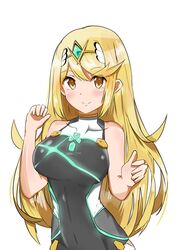  absurdres aotsuba blonde_hair breasts closed_mouth female glowing hair_between_eyes hair_ornament highres long_hair looking_at_viewer mythra_(xenoblade) one-piece_swimsuit simple_background smile solo swimsuit white_background white_one-piece_swimsuit xenoblade_chronicles_(series) xenoblade_chronicles_2 yellow_eyes 