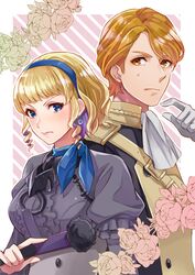  1boy blonde_hair blue_eyes blue_hairband closed_mouth colored_inner_hair constance_von_nuvelle earrings female ferdinand_von_aegir fire_emblem fire_emblem:_three_houses flower garreg_mach_monastery_uniform gloves hairband hand_fan highres holding ichino_tomizuki jewelry long_sleeves multicolored_hair orange_eyes orange_hair purple_hair short_hair two-tone_hair uniform upper_body white_gloves 