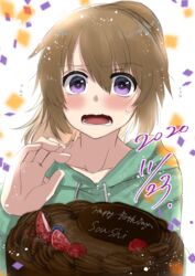  1boy absurdres birthday_cake blueberry blush brown_hair cake character_name chocolate_cake collarbone confetti dated embarrassed flying_sweatdrops food fruit hair_between_eyes happy_birthday highres hood hoodie long_hair long_sleeves looking_at_viewer male_focus minashiro_soushi_(2) open_mouth ponytail purple_eyes raspberry shimotsukishin simple_background solo soukyuu_no_fafner strawberry sweatdrop wavy_mouth white_background 