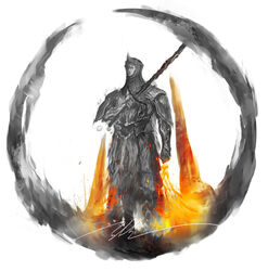  1boy armor burnt_ivory_king commentary dark_souls_ii english_commentary fire full_armor gauntlets helmet highres holding holding_sword holding_weapon male_focus pauldrons shimhaq shoulder_armor solo souls_(series) standing sword weapon 