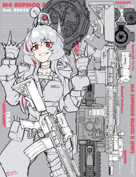  \m/ absurdres arms_up assault_rifle banana_(girls&#039;_frontline) belt belt_buckle belt_pouch buckle choker commentary elcan_scope english_text female fingerless_gloves girls&#039;_frontline gloves grey_background grin gun hands_up headgear highres jacket long_hair long_sleeves looking_at_viewer m4_carbine m4_sopmod_ii m4_sopmod_ii_(girls&#039;_frontline) m4_sopmod_ii_(mod3)_(girls&#039;_frontline) mechanical_arms minata_(axl19941120) multicolored_hair non-humanoid_robot oerba_yun_fang partially_colored pouch red_eyes red_hair rifle robot single_mechanical_arm smile solo streaked_hair upper_body watch weapon wristwatch 