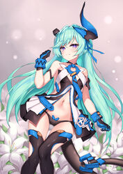  aqua_hair armlet asymmetrical_horns bare_shoulders black_gloves black_panties black_tail black_thighhighs breasts bright_pupils cleavage_cutout clothing_cutout dress ehart female flower front_slit gloves honkai_(series) honkai_impact_3rd horns liliya_olenyeva lily_(flower) long_hair looking_at_viewer navel open_clothes open_dress panties purple_eyes side_cutout small_breasts solo tail thick_eyebrows thigh_cutout thighhighs underwear uneven_horns white_flower 