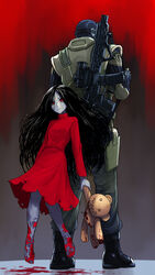  1boy alma_(f.e.a.r.) ar-15 assault_rifle back-to-back balaclava barefoot black_hair blood blood_splatter breasts colored_skin dress f.e.a.r. female floating grey_skin gun height_difference highres holding holding_stuffed_toy long_dress long_hair messy_hair military_operator mother_and_son parted_hair point_man_(f.e.a.r.) red_dress red_eyes rifle small_breasts stuffed_animal stuffed_toy substance20 teddy_bear torn_clothes torn_dress turtleneck turtleneck_dress weapon weapon_on_back 