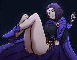  animification arm_under_breasts ass bare_legs bob_cut breasts cape closed_mouth colored_skin dc_comics female floating forehead_jewel frown full_body grey_skin highres legs leotard long_sleeves looking_at_viewer medium_breasts omiza_somi purple_eyes purple_hair raven_(dc) short_hair sleeved_leotard solo teen_titans thighs 