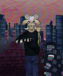  2020 5:6 adamayster aesoth_(adamayster) anthro black_tears bottomwear bovid caprine city clothing electronics english_text fur goat graffiti green_eyes hair hi_res horn looking_at_viewer male mammal markings oversized_bottomwear oversized_clothing oversized_pants pants shirt solo standing t-shirt television text topwear video_cassette white_hair yellow_body yellow_fur 