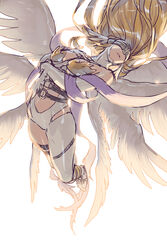  absurdres angel angel_wings angewomon bare_shoulders belt blonde_hair breasts closed_mouth clothing_cutout commentary crossed_arms digimon digimon_(creature) elbow_gloves feathered_wings female floating_hair full_body gloves hand_on_own_chest head_wings highres long_hair mask navel navel_cutout o-ring o-ring_belt p!k@ru purple_sash sash simple_background single_thighhigh solo thigh_strap thighhighs white_background white_wings wings 