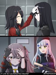  4girls assault_rifle beret black_hair closed_eyes female_commander_(girls&#039;_frontline) girls&#039;_frontline gloves griffin_&amp;_kryuger_military_uniform gun h&amp;k_hk416 hacking hat headpat highres hk416_(girls&#039;_frontline) holding holding_gun holding_weapon left-to-right_manga mechanical_arms military military_uniform multiple_girls nyto_(generic)_(girls&#039;_frontline) nyto_(girls&#039;_frontline) paradeus possessed pout rifle rynzfrancis single_mechanical_arm textless_version ump45_(girls&#039;_frontline) ump45_(mod3)_(girls&#039;_frontline) uniform weapon 