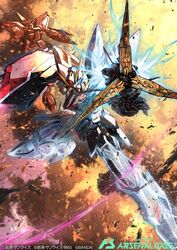  aegis_gundam blitz_gundam blue_eyes damaged explosion floating gundam gundam_arsenal_base gundam_seed highres kuri_giepi looking_at_viewer mecha mobile_suit no_humans official_art open_hand robot science_fiction solo_focus space v-fin 