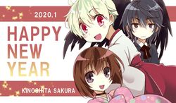  2boys albino artist_name bad_id bad_twitter_id black_eyes black_hair black_wings blush_stickers bob_cut brown_hair choker feathered_wings female formal hakama hakama_skirt happy_new_year haruka_(tactics) ichinomiya_kantarou japanese_clothes kimono kinoshita_sakura long_sleeves looking_at_viewer multiple_boys new_year open_mouth pink_kimono purple_eyes red_eyes red_hakama short_hair skirt smile suit tactics tengu traditional_youkai wide_sleeves wings youko_(tactics) 