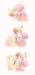  1boy absurdres blonde_hair couple face-to-face female french_kiss heart highres kamiyama_high_school_uniform_(project_sekai) kissing long_sleeves looking_at_another miyamasuzaka_girls&#039;_academy_school_uniform momomo_(m0_3) necktie ootori_emu pink_hair pink_sweater project_sekai sailor_collar school_uniform short_hair simple_background straight sweater tenma_tsukasa white_sailor_collar yellow_sweater 