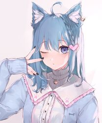  ahoge animal_ear_fluff animal_ears animare bad_id bad_twitter_id black_nails blue_eyes blue_hair blue_jacket blush breasts dog_ears earrings female hair_ornament hairclip heart heart_hair_ornament jacket jewelry long_sleeves looking_at_viewer medium_hair nail_polish nanashi_inc. one_eye_closed open_mouth parted_lips rippootai shirt single_earring sleeves_past_wrists smile solo souya_ichika souya_ichika_(3rd_costume) upper_body v virtual_youtuber white_shirt 