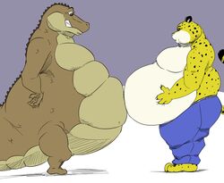  2017 4_fingers alligator alligatorid anthro barefoot belly belly_to_belly belt benjamin_clawhauser big_belly bottomwear cheetah clenched_teeth clothed clothing comparing_belly countershading crocodilian disney duo feet felid feline fingers fur hand_on_belly hand_on_hip looking_at_belly louis_(tpatf) male mammal nude obese obese_anthro obese_male open_mouth overweight overweight_anthro overweight_male pants raised_tail reagan700 reptile scales scalie side_view smile tail teeth the_princess_and_the_frog topless zootopia 