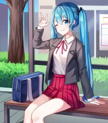  ;) absurdres arm_support arm_up bag bare_legs bench black_bow blazer blue_eyes blue_hair bow closed_mouth collared_shirt commentary day female hairbow hand_up hatsune_miku highres ille_(xcpa7325) jacket long_hair long_sleeves miniskirt neck_ribbon one_eye_closed open_clothes open_jacket outdoors pleated_skirt red_ribbon red_skirt ribbon school_bag school_uniform shirt sitting skirt smile solo twintails very_long_hair vocaloid waving white_shirt wing_collar 