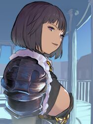  2equal8 armor black_armor black_hair bob_cut breasts commentary female highres large_breasts looking_at_viewer open_mouth pauldrons purple_eyes shadowverse short_hair shoulder_armor sideboob smile solo sumeragi_erika_(shadowverse) 