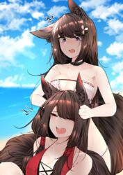  2girls :d akagi_(azur_lane) akagi_(paradise_amaryllis)_(azur_lane) amagi_(azur_lane) amagi_(wending_waters_serene_lotus)_(azur_lane) animal_ears azur_lane bare_shoulders bikini breasts brown_hair choker cleavage eyeliner eyeshadow fox_ears fox_girl fox_tail hair_ornament highres kitsune large_breasts long_hair looking_at_viewer makeup multiple_girls noogie obi open_mouth outdoors purple_eyes red_bikini red_eyeshadow samip sash see-through smile swimsuit tail white_bikini 