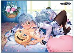  2girls black_legwear blonde_hair blue_eyes bra clothes_pull collarbone company_name copyright_notice dated earrings flower grey_hair grisaia_(series) grisaia_phantom_trigger hairband hanging_plant indoors jewelry kujirase_christina_sakurako logo long_hair long_sleeves looking_at_viewer lying multiple_girls no_shoes non-web_source off_shoulder official_art on_back on_bed on_person panties pantyhose parted_lips petals pleated_skirt school_uniform shishigaya_touka short_hair short_sleeves skirt skirt_pull strap_slip striped_clothes striped_panties stud_earrings torn_clothes torn_legwear underwear watanabe_akio white_skirt yellow_eyes 