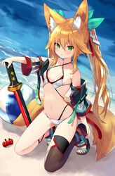  animal_ear_fluff animal_ears ball bare_shoulders beach beachball bikini blonde_hair breasts brown_thighhighs criss-cross_halter detached_sleeves female fox_ears fox_girl fox_tail green_eyes hair_ribbon halterneck highres kitsune kneeling kokonoe_tsubaki long_hair looking_at_viewer multi-strapped_bikini multiple_tails navel original parted_lips ribbon sandals sidelocks single_thighhigh small_breasts solo stomach string_bikini swimsuit sword tail thighhighs thighs twintails two_tails very_long_hair weapon wet white_bikini yoshizawa_tsubaki 