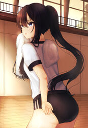  absurdres adjusting_buruma adjusting_clothes ass black_buruma black_hair blue_eyes buruma commentary commission female from_behind gym gym_uniform highres indoors long_hair nei_(aduma1120ponpon) open_mouth original pixiv_commission ponytail shirt short_sleeves solo sweat thighs towel white_shirt wiping wiping_face wiping_sweat 