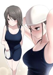  alternate_hairstyle armpits arms_up bags_under_eyes black_hair blue_one-piece_swimsuit breasts collarbone feet_out_of_frame female hat highres holding holding_clothes holding_hat ikari_manatsu kurai_ano_ko_to_shitai_koto large_breasts light_frown multiple_views new_school_swimsuit one-piece_swimsuit red_eyes sasaki_touko school_swimsuit sidelocks standing swim_cap swimsuit unworn_hat unworn_headwear upper_body wet 