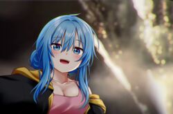  absurdres blue_eyes blue_hair blush breasts cleavage collarbone elie_wayne female hair_bun highres jan_azure lips looking_at_viewer medium_breasts medium_hair open_mouth original sidelocks single_hair_bun smile teeth upper_teeth_only 