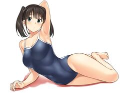  arm_behind_head armpits barefoot blue_one-piece_swimsuit breasts brown_hair collarbone commentary_request competition_school_swimsuit covered_navel female full_body green_eyes hatakenaka_(kamagabuchi) highres legs lying medium_breasts one-piece_swimsuit original school_swimsuit short_hair simple_background solo swimsuit thighs twintails white_background 