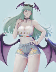  alternate_costume aqua_background bat_wings breasts choker cleavage covered_navel cowboy_shot demon_girl denim denim_shorts eyewear_on_head female fingernails green_hair gucci hand_on_own_hip head_wings highres kumanz large_breasts long_hair looking_at_viewer low_wings morrigan_aensland navel parted_lips photoshop_(medium) print_shirt purple_nails sharp_fingernails shirt shirt_tucked_in shorts signature simple_background sleeveless solo sunglasses tank_top vampire_(game) white_shirt wings yellow_eyes 