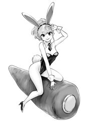  absurdres animal_ears bare_shoulders black_leotard breasts bunny_day carrot commentary_request detached_collar fake_animal_ears female full_body high_heels highleg highres leotard long_bangs long_hair looking_at_viewer necktie original oversized_food oversized_object playboy_bunny rabbit_ears rabbit_tail smile solo souryu strapless strapless_leotard tail v white_background wrist_cuffs 