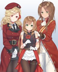  3girls absurdres beret blonde_hair brown_hair commission drill_hair female_commander_(girls&#039;_frontline) fn-49_(girls&#039;_frontline) girls&#039;_frontline green_eyes griffin_&amp;_kryuger_military_uniform hat highres lee-enfield_(girls&#039;_frontline) long_hair military military_hat military_uniform multicolored_hair multiple_girls necktie pantyhose red_eyes red_hair rynzfrancis smile streaked_hair twin_drills two-tone_hair uniform yuri 