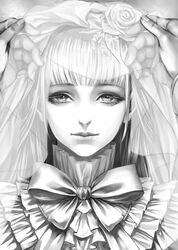  blunt_bangs bow commentary fata_morgana_no_yakata female flower frills greyscale hair_flower hair_ornament high_collar long_hair looking_at_viewer monochrome moyatarou official_art out_of_frame pov pov_hands rose solo_focus straight_hair the_white-haired_girl_(fata_morgana_no_yakata) veil 