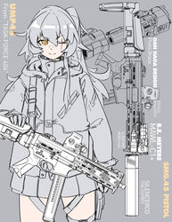  absurdres commentary female girls&#039;_frontline gloves grey_background greyscale gun hair_between_eyes hand_on_weapon highres holster hood hood_down hooded_jacket jacket long_hair long_sleeves lwrc_smg_45 minata_(axl19941120) monochrome official_alternate_costume one_eye_closed pleated_skirt scar scar_across_eye scar_on_face skirt smile solo spot_color submachine_gun thigh_holster thigh_strap ump45_(girls&#039;_frontline) ump45_(winter_journey)_(girls&#039;_frontline) weapon yellow_eyes 