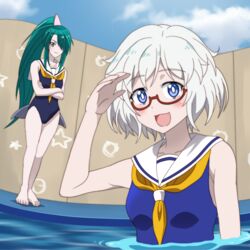  2girls :d bando_ruka barefoot blue_eyes blush bright_pupils cetacean_tail cloud commentary_request crossed_arms fish_tail glasses green_eyes green_hair hair_over_one_eye long_hair multiple_girls murenase!_shiiton_gakuen one-piece_swimsuit onomekaman open_mouth ponytail pool red-framed_eyewear sailor_collar semi-rimless_eyewear shading_eyes shiiton_gakuen_school_uniform_(sea_branch) shiroumi_kana short_hair sidelocks sky smile standing swimsuit tail under-rim_eyewear very_long_hair wading water white_hair white_pupils 