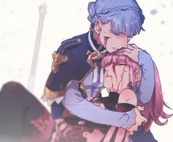  2girls bad_id bad_twitter_id bleeding blood blood_from_mouth blood_on_face blue_hair braid closed_eyes commentary_request cradling_head crown_braid crying cuts death detached_sleeves earrings fire_emblem fire_emblem:_three_houses hilda_valentine_goneril hug injury jewelry long_hair long_sleeves marianne_von_edmund multiple_girls nosebleed parted_lips pink_hair ponytail sad sobbing taki_(tkai40) thighhighs 