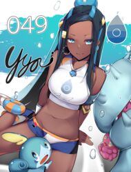  armlet bad_id bad_pixiv_id belly_chain black_hair blue_eyes blue_hair breasts collarbone commentary_request crop_top dark-skinned_female dark_skin earrings female gloves hair_bun highres hoop_earrings jewelry long_hair looking_at_viewer mareanie midriff multicolored_hair navel necklace nessa_(pokemon) pokemon pokemon_(creature) pokemon_between_legs pokemon_swsh signature single_glove single_hair_bun sitting smile sobble swimsuit two-tone_hair yuuyuu_(yuuki1771) 