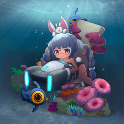  absurdres air_bubble ame. animal_ear_fluff animal_ears bare_shoulders barefoot black_one-piece_swimsuit blue_hair blush bow braid bubble carrot_hair_ornament closed_mouth commentary_request don-chan_(usada_pekora) female food-themed_hair_ornament goggles hair_between_eyes hair_ornament hairbow highres holding hololive long_hair looking_at_viewer multicolored_hair one-piece_swimsuit peeper_(subnautica) pekomon_(usada_pekora) rabbit_ears rabbit_girl rabbit_tail red_eyes seaglide_(subnautica) shoes short_eyebrows simple_background smile solo subnautica swimsuit tail thick_eyebrows twin_braids twintails two-tone_hair underwater usada_pekora very_long_hair virtual_youtuber white_background white_footwear white_hair x_x 