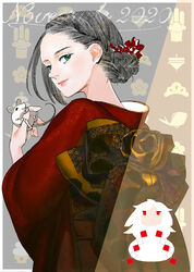  1boy 2020 albino animal black_hair braid braided_bun chinese_zodiac commentary fata_morgana_no_yakata female giselle_(fata_morgana_no_yakata) green_eyes hair_bun highres holding holding_animal japanese_clothes kimono lips looking_at_viewer michel_bollinger mouse_(animal) moyatarou new_year official_art red_eyes red_kimono solo_focus white_hair year_of_the_rat 