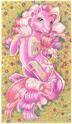  2009 ambiguous_gender cheerilee_(mlp_g3) colored curled_hair curled_tail cutie_mark detailed_background earth_pony equid equine female_(lore) feral flower fur fur_markings hair hasbro hollowzero hooves horse long_hair mammal markings mlp_g3 my_little_pony my_little_pony_(2003) on_model pink_body pink_fur pink_hair plant pony pre-g4 shaded solo tail 