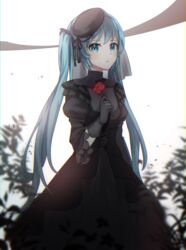  absurdres beret black_dress black_gloves black_hat black_ribbon blue_eyes blue_hair blush closed_mouth commentary dress female flower gloves hair_ribbon hat hatsune_miku highres holding holding_flower ille_(xcpa7325) long_hair long_sleeves red_flower red_rose ribbon rose solo standing twintails very_long_hair vocaloid 