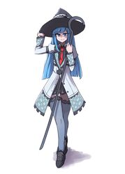  blue_eyes blue_hair commission female full_body hand_on_headwear hat highres hime_cut long_hair looking_at_viewer mages. mata_(matasoup) mole mole_under_eye necktie neptune_(series) puffy_sleeves red_necktie simple_background skirt smile solo staff thighhighs white_background witch_hat zettai_ryouiki 