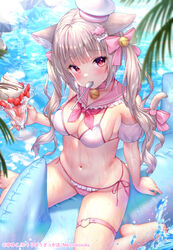  animal_ears bikini blush breasts cat_ears cat_girl cat_tail copyright_request day female food grey_hair holding holding_food inflatable_toy long_hair looking_at_viewer medium_breasts mouth_hold navel ocean pink_bikini red_eyes solo swimsuit tail thigh_strap twintails two-tone_bikini water white_bikini yuyuko_(yuyucocco) 