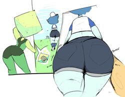  ass baseball_cap baseball_hat big_ass black_eyes blue_hair blue_skin bubble_butt cartoon_network dat_ass elchilenito fat_ass female_only from_behind huge_ass jean_shorts lapis_lazuli_(bob) lapis_lazuli_(steven_universe) large_ass peridot_(steven_universe) short_hair shorts steven_universe thick_thighs white_background 